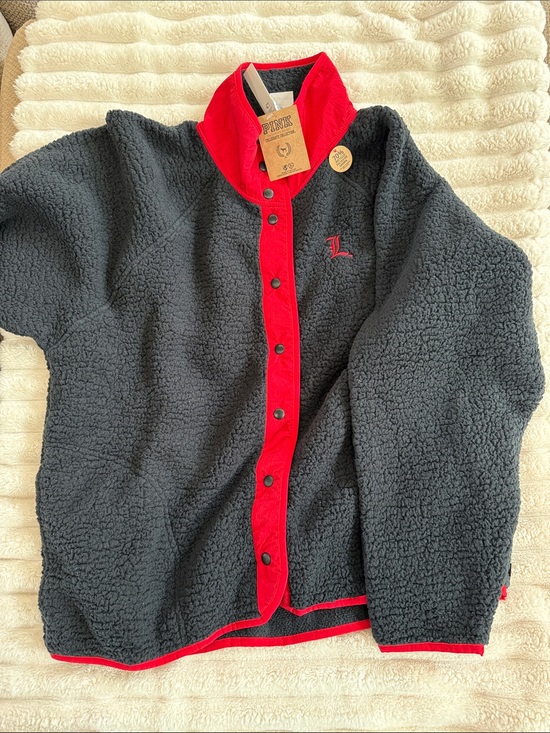PINK Victoria's Secret Sweaters - PINK Victoria's Secret Black Sherpa Jacket with Red Trim
